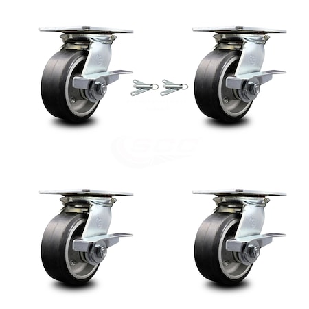 Service Caster 5 Inch Rubber on Aluminum Caster Set with Ball Bearing 4 Brake and 2 Swivel Lock SCC-35S520-RAB-SLB-BSL-2-SLB-2